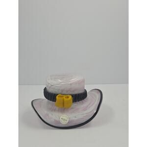 Block Crystal Art Glass Hat Candy Dish w/ Flower Mouth Blown Hand Polished